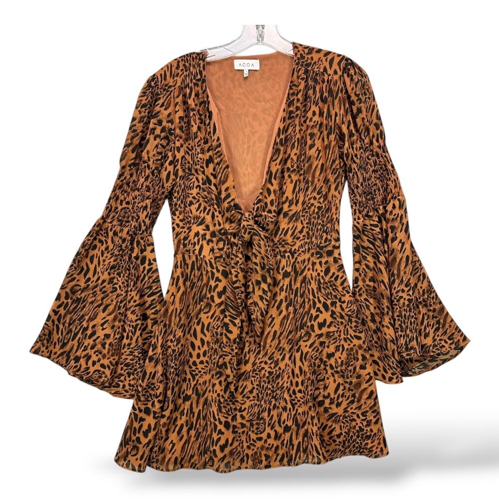 Acoa Dress Cheetah Animal Print Plunge V Neck Ruffles Tie Small Party Club